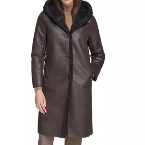 Calvin Klein brown faux leather shearling trimmed hooded coat - Picture 10 of 13